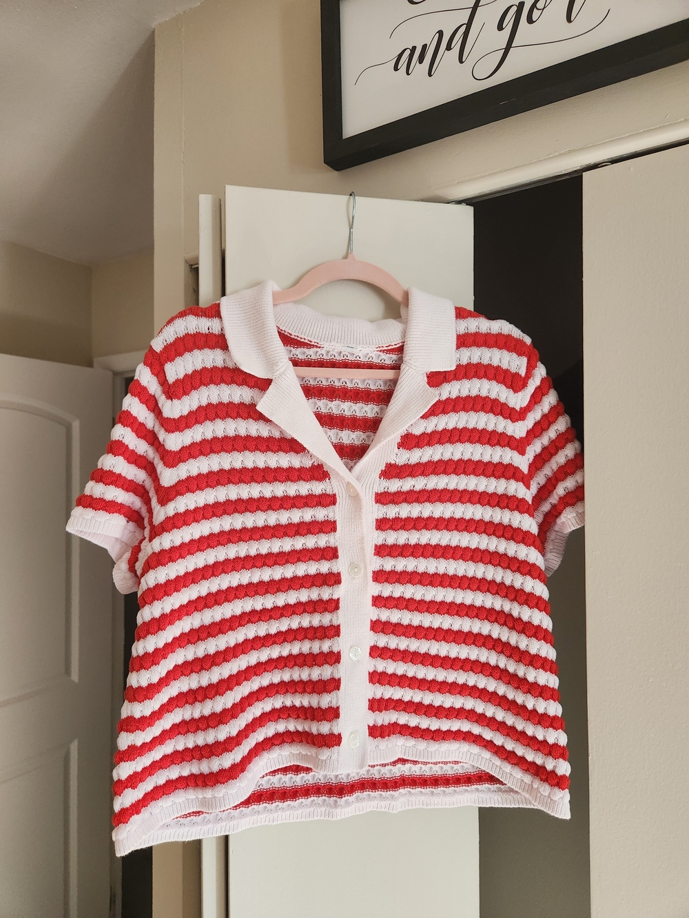 Old Navy Womens Red and White Striped Knit Polo Sweater Size XL Crochet